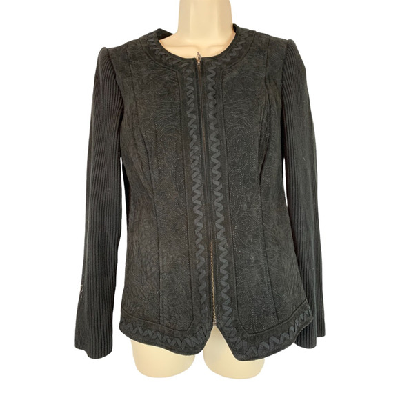 Peter Nygard Jackets & Blazers - Peter Nygard Womens Jacket Black Floral Zipper Embroidered Knitted Leather M